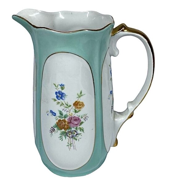 Vintage Cmielow Porcelain Pitcher – Turquoise Floral with Gold Accents 5” x 7” - Picture 3 of 5